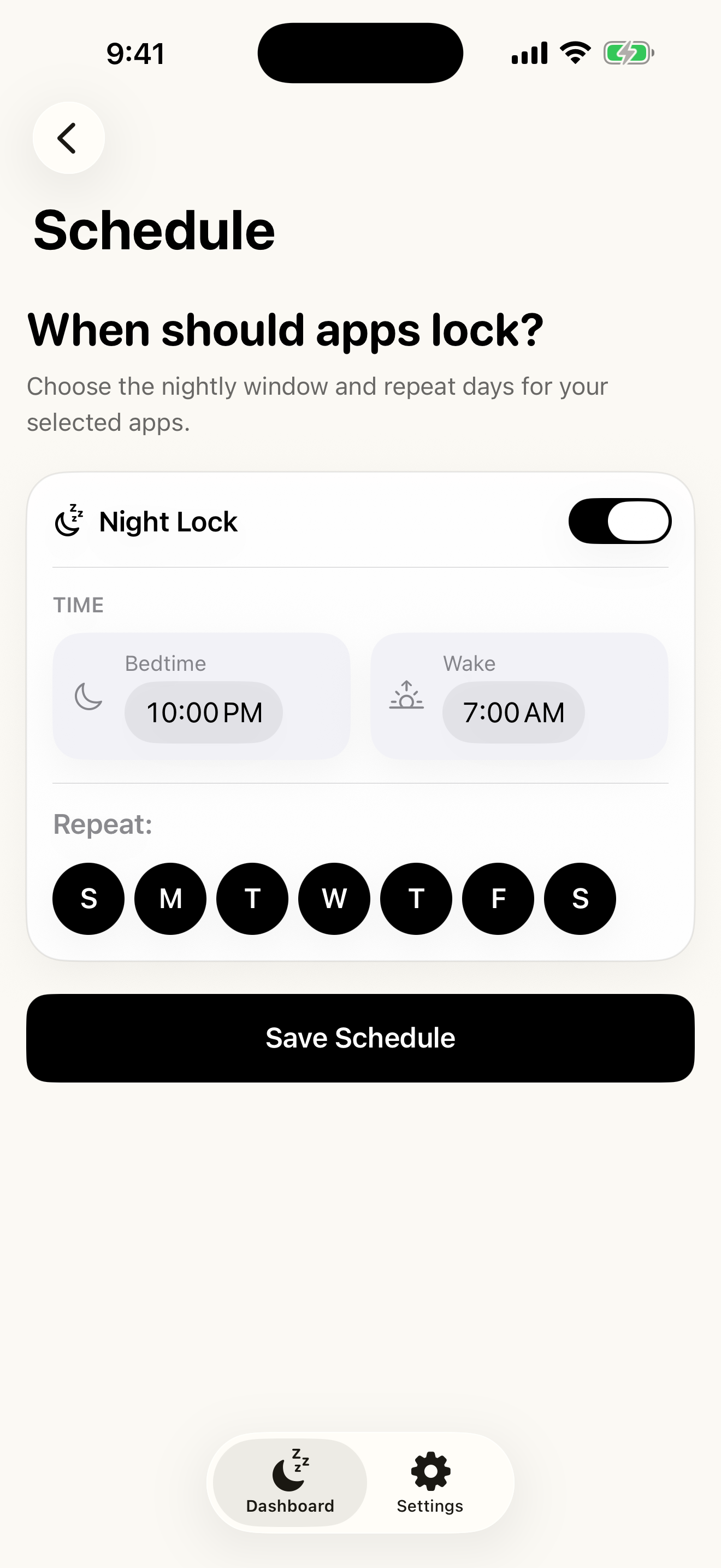 Early Owl Night Lock schedule screen