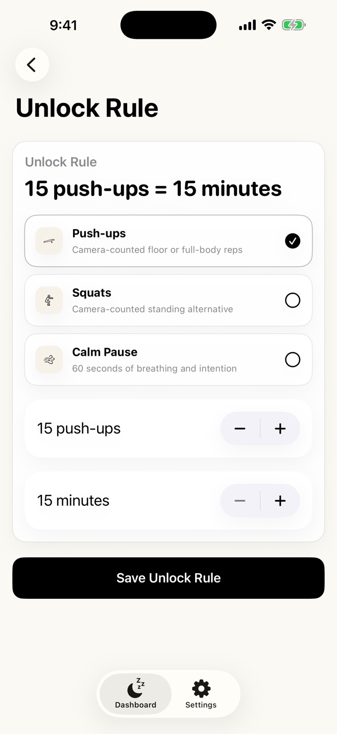 Early Owl unlock rule screen offering push-ups, squats, or a calm pause